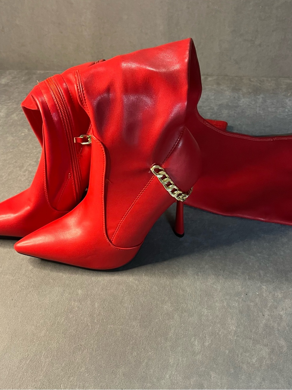 Women's Red Pointed-Toe Stiletto Ankle Boots with Gold Chain Detail